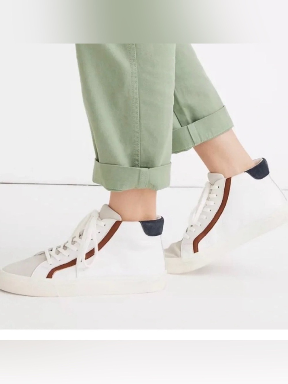 Madewell White High-Top Sneakers with Brown Stripe and Navy Heel